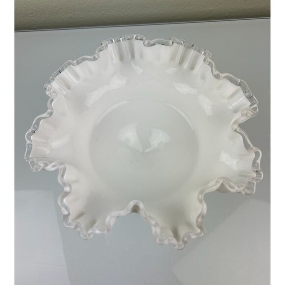 Fenton Silver Crest Pedestal Compote Bowl Clear Ribbon Ruffle White Milk Glass - Picture 2 of 13